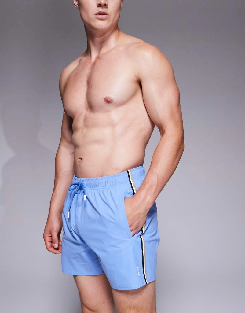 Boss Bodywear BOSS Iconic side stripe logo swim shorts in mid blue